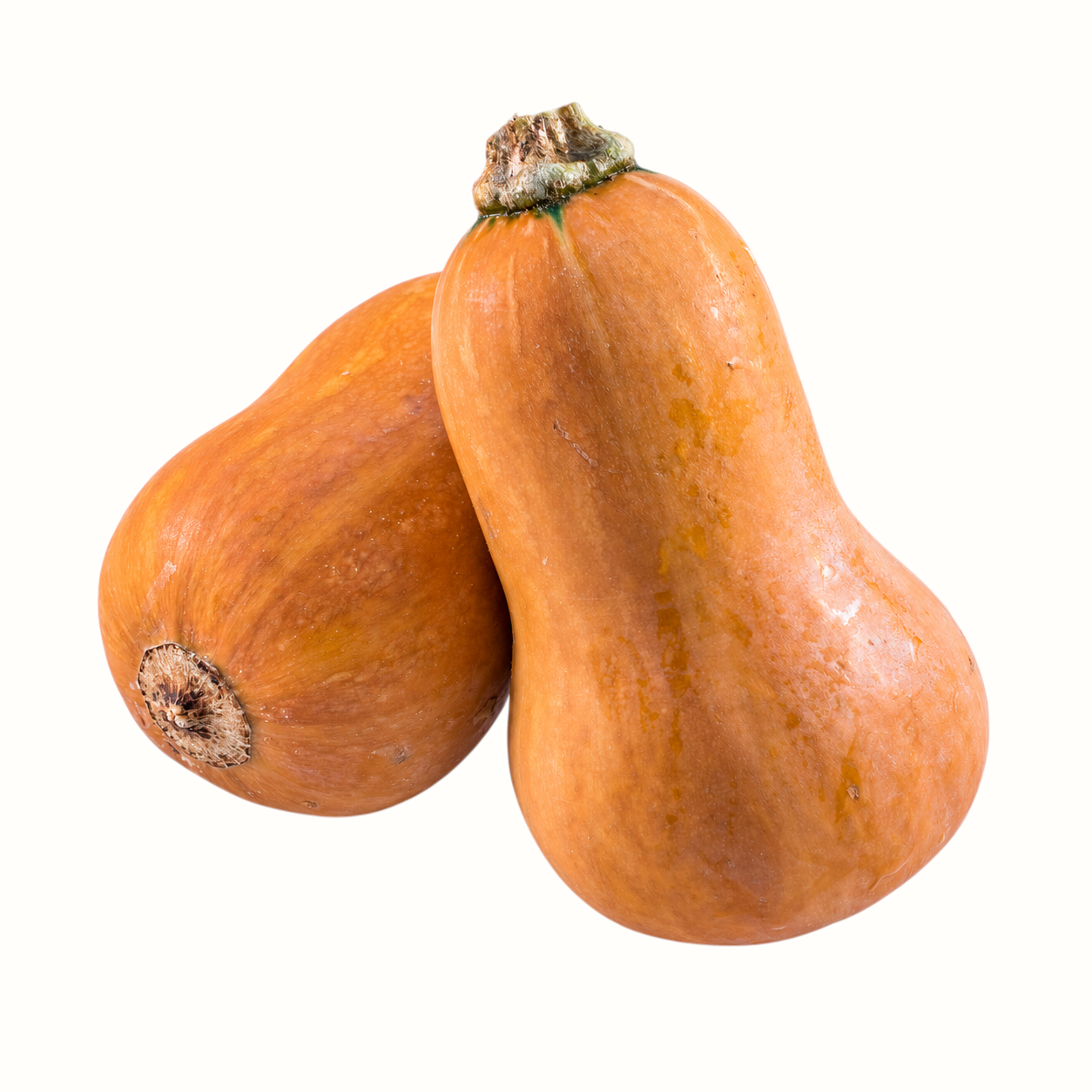Two New Soul honeynut squashes with smooth, dark-orange skin and stems, isolated on a white background.
