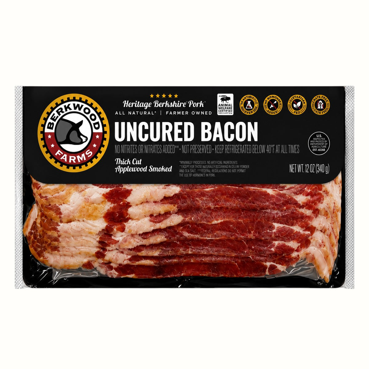 berkwood farms / thick cut applewood smoked uncured bacon 12oz (ia)