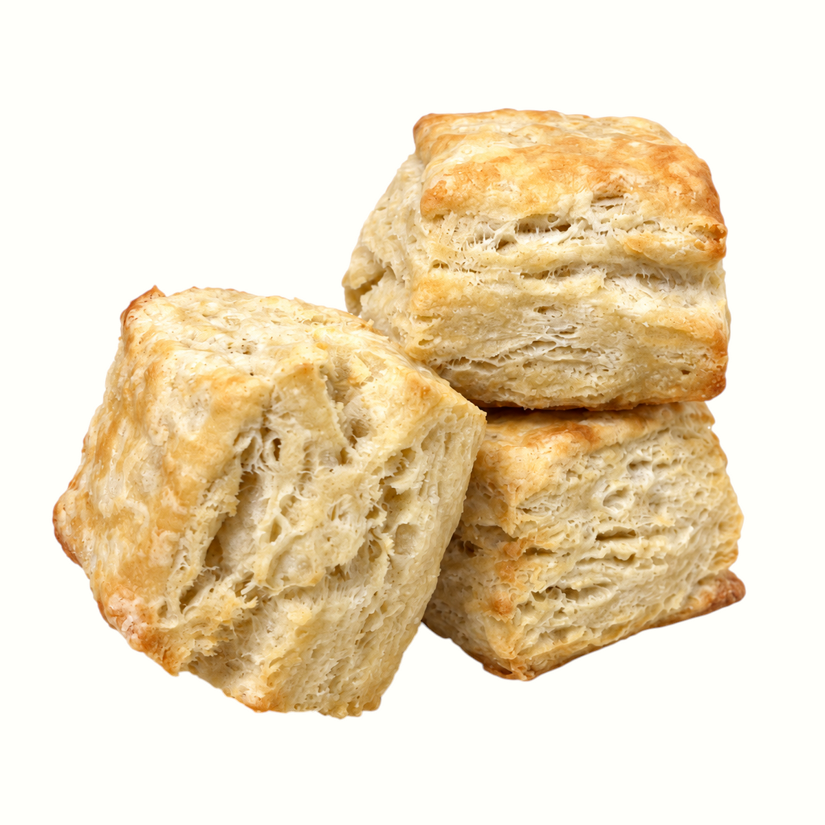 New Soul Roll Dat Deaux original flaky buttery biscuits stacked on a white background