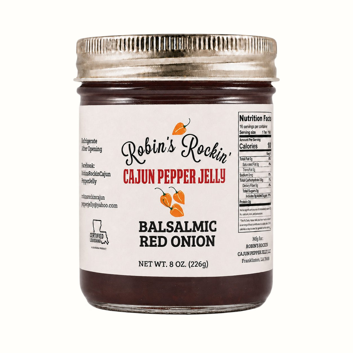 New Soul Robin's Rockin' Balsamic Red Onion pepper jelly in an 8oz glass jar with a metal lid.