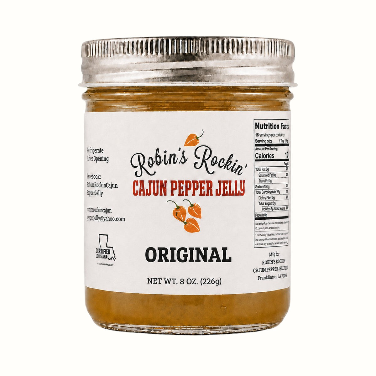 New Soul Robin's Rockin' Cajun Original Pepper Jelly in an 8 oz glass jar with habanero pepper illustrations