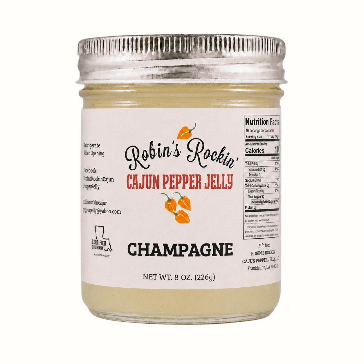New Soul Robin's Rockin' champagne habanero pepper jelly in an 8 oz glass jar with a white label.