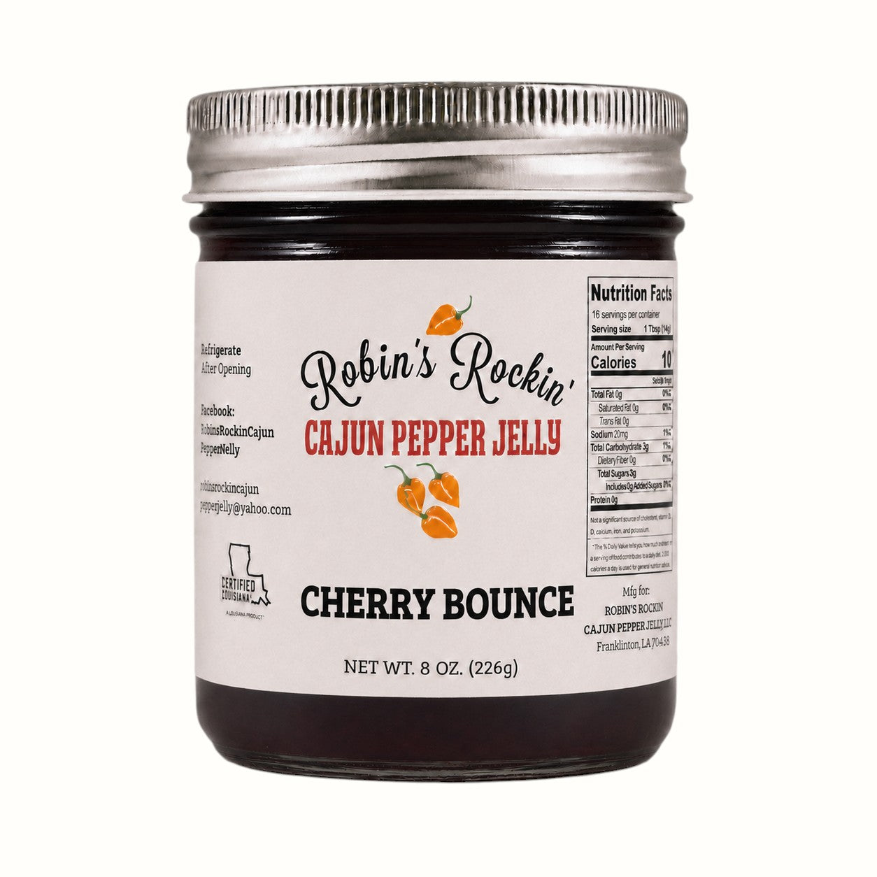 New Soul Robin's Rockin' Cherry Bounce Cajun pepper jelly in an 8 oz glass jar with a silver metal lid.