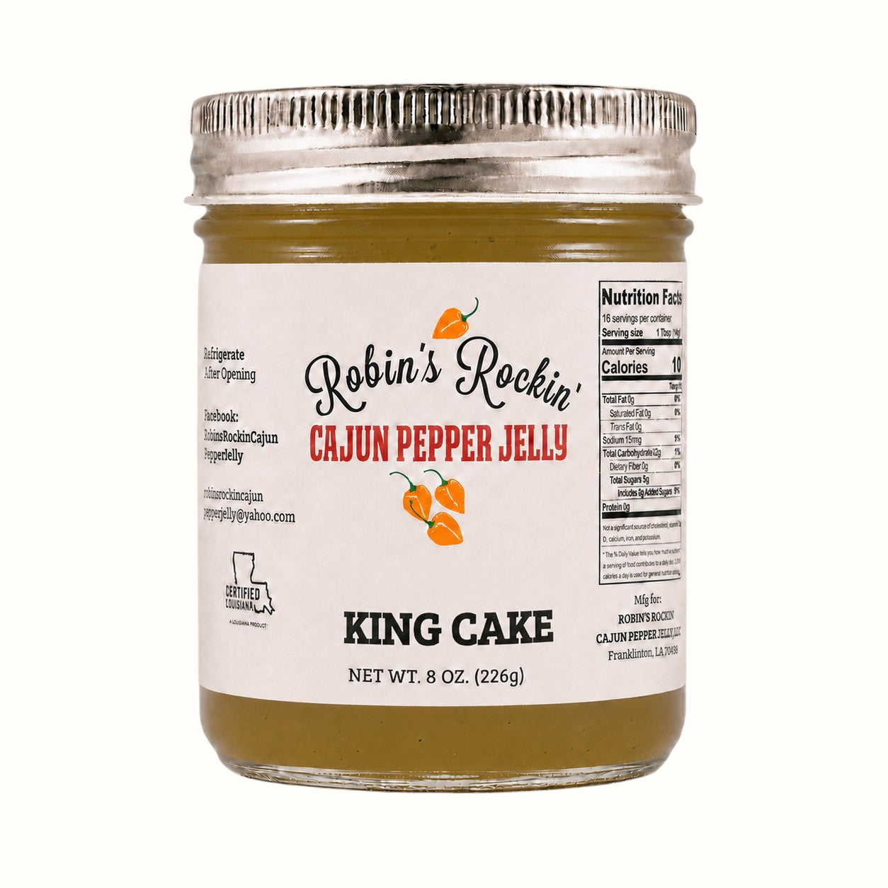 New Soul Robin's Rockin' King Cake Cajun pepper jelly in an 8oz glass jar with a white label and habanero graphics.