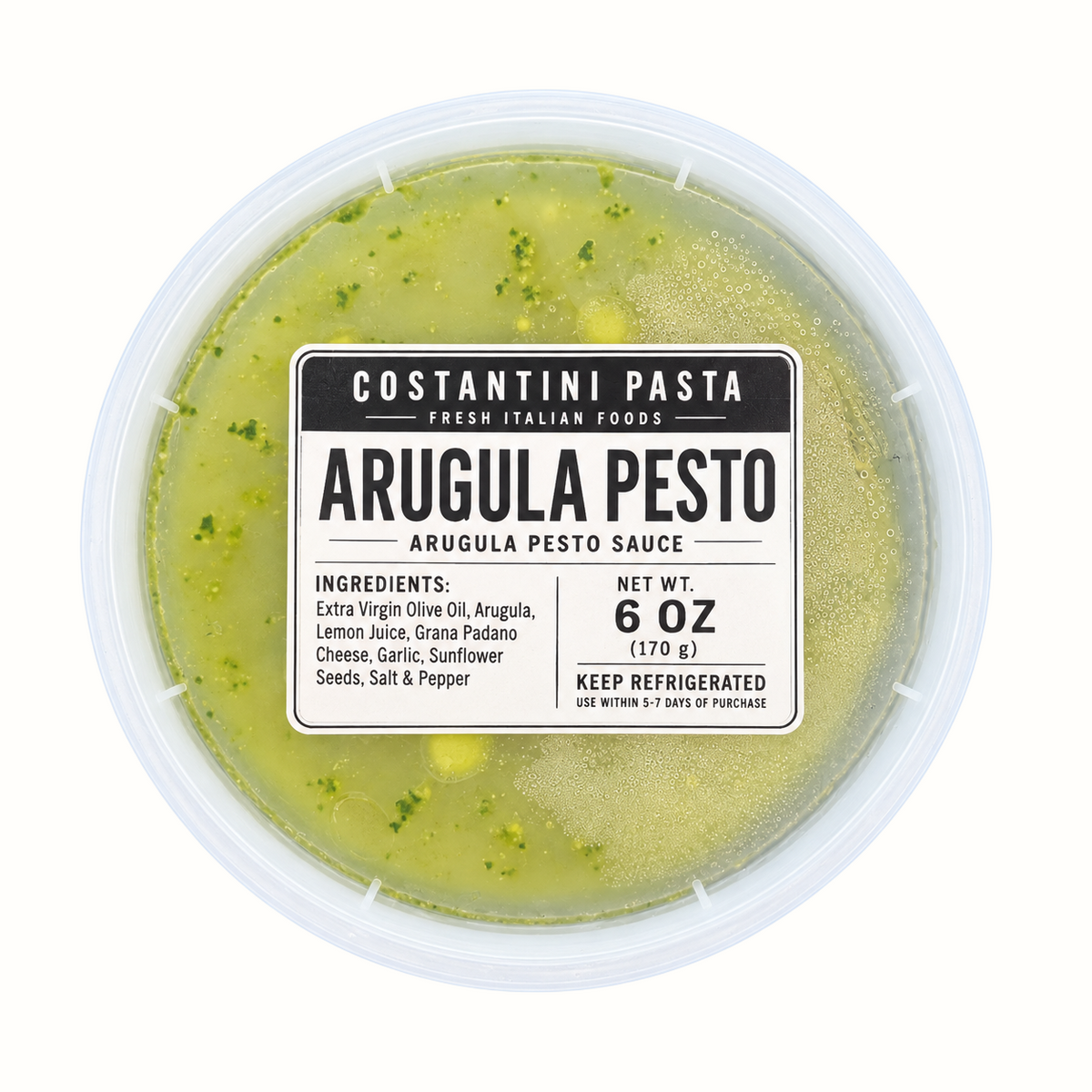 New Soul Costantini Pasta arugula pesto in a 6oz clear plastic container with a white label