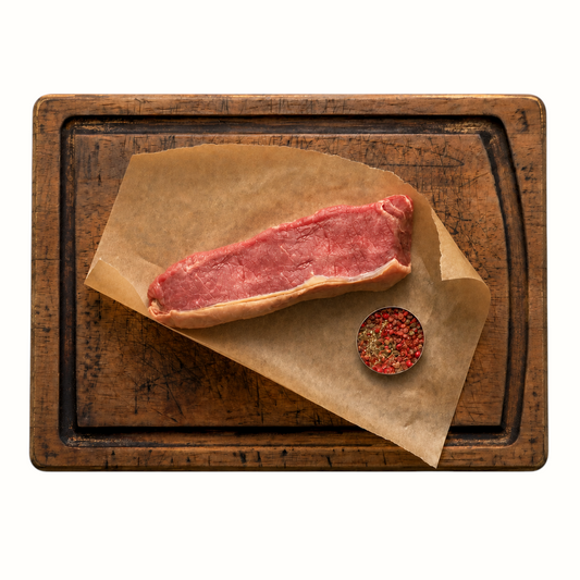 New Soul 10oz grass-fed New York strip steak on parchment paper with peppercorns on a rustic wooden cutting board