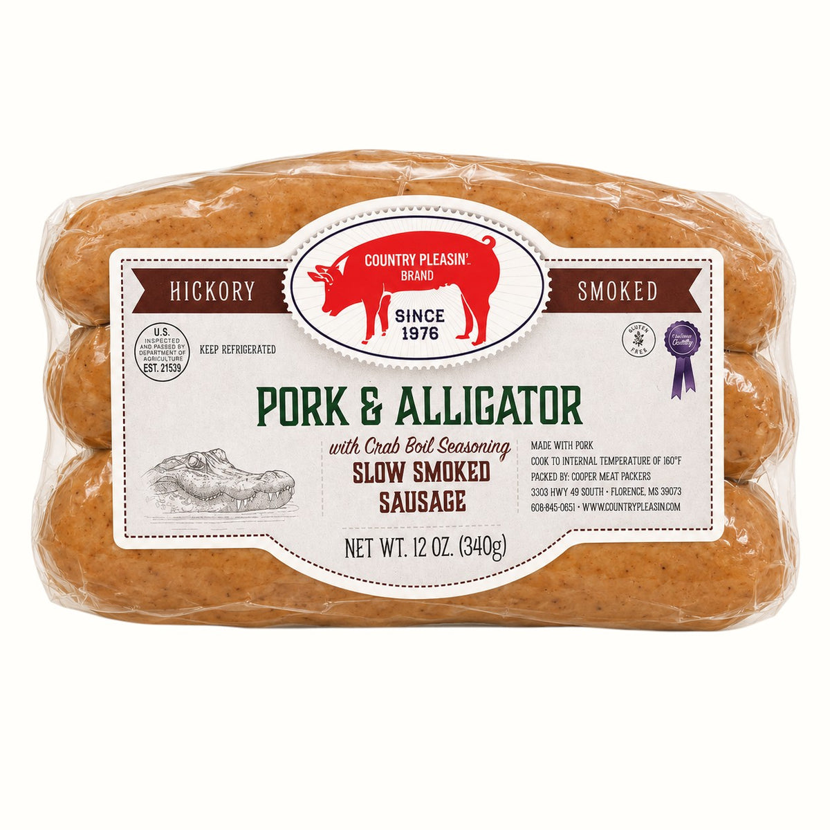 country pleasin' brand / pork & alligator slow smoked sausage 12oz