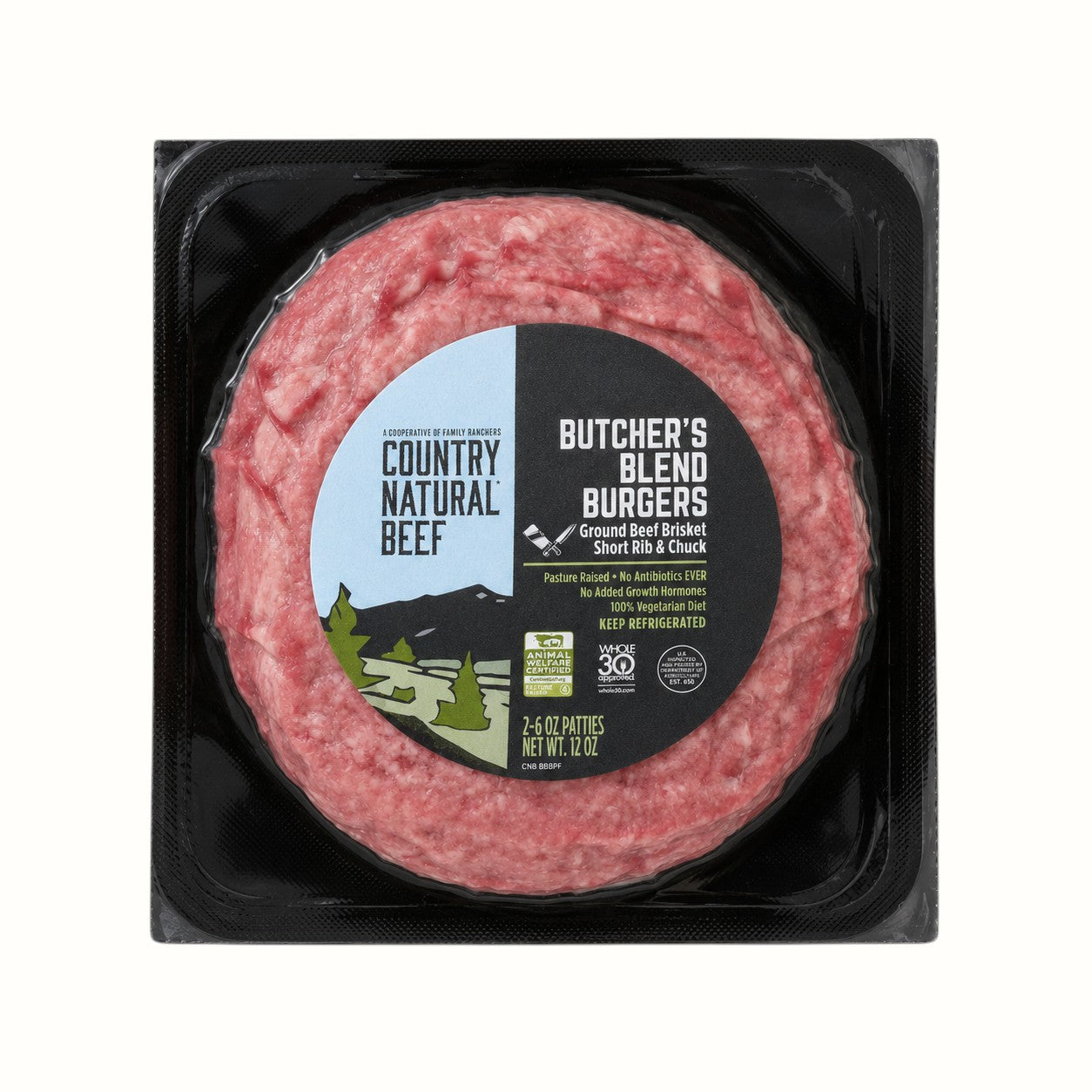 country natural beef / naturally raised beef burger patties 12oz (or)