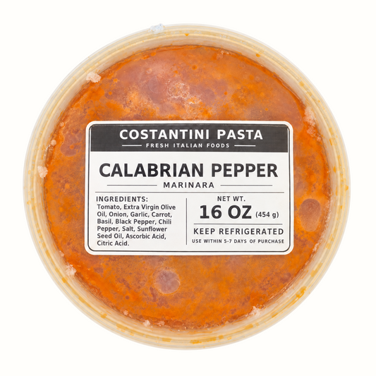 New Soul Costantini Pasta Calabrian Pepper Marinara sauce in a 16oz clear plastic container with a white label.