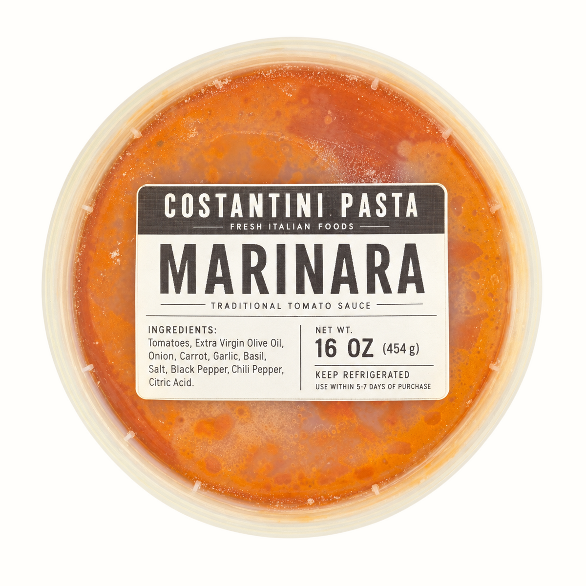 New Soul Costantini Pasta 16oz marinara sauce in a round plastic container with a white label on a white background.