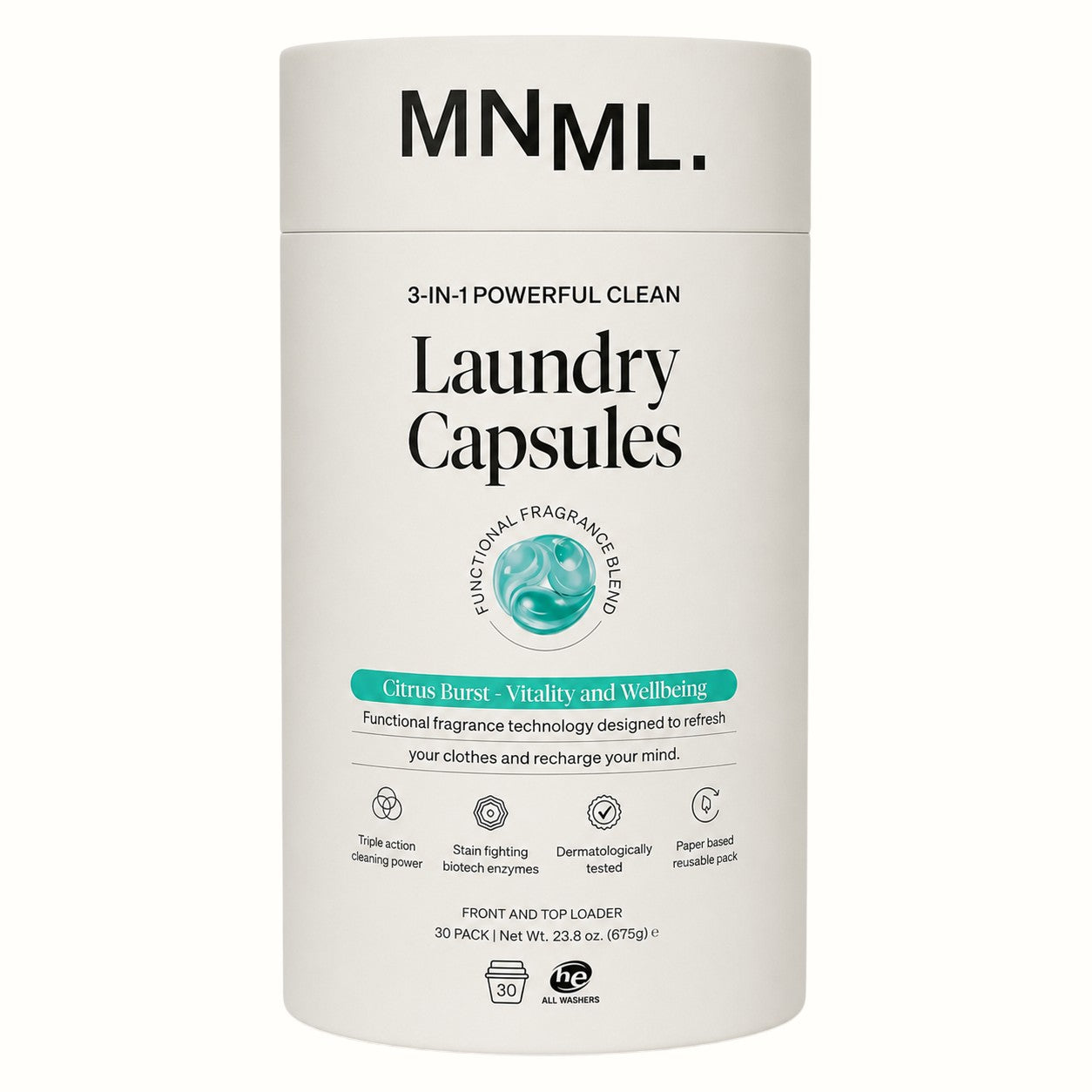 mnml / citrus vitality + wellbeing laundry capsules 30pk (va)