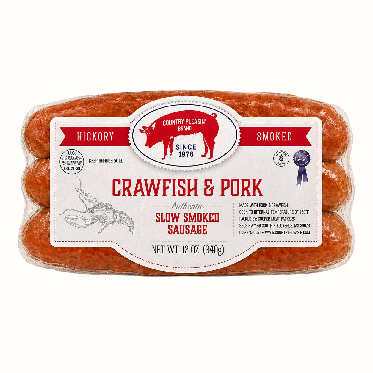 country pleasin' brand / crawfish & pork slow smoked sausage 12oz (ms)
