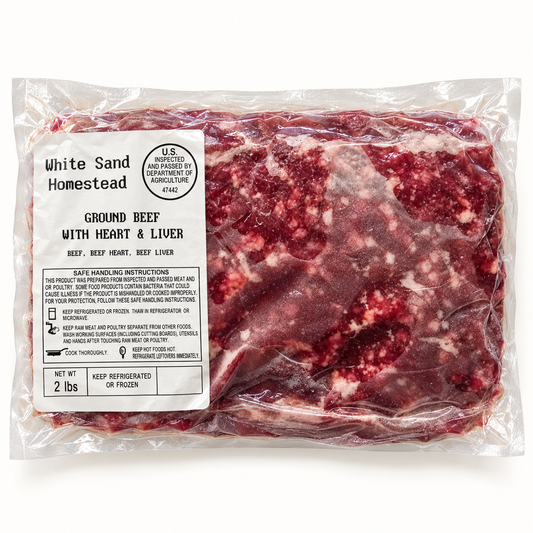 whitesand homestead permaculture farm / ground beef w/ heart & liver blend ~2lb