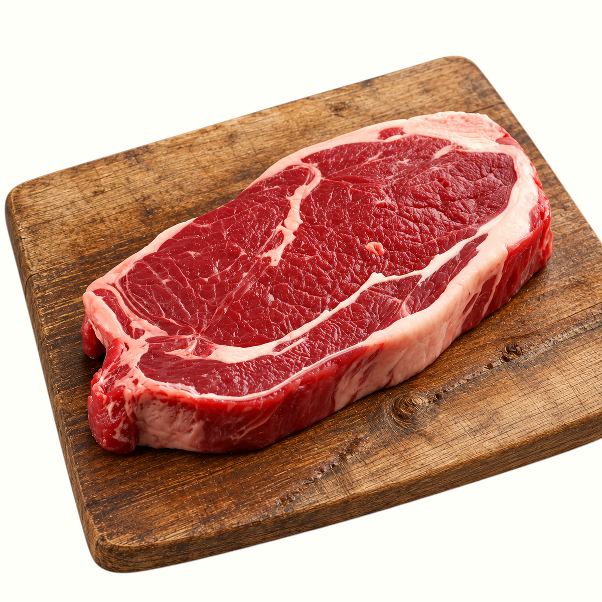 New Soul raw grass-fed NY strip steak on a rustic wooden cutting board, showing deep red color and natural marbling.