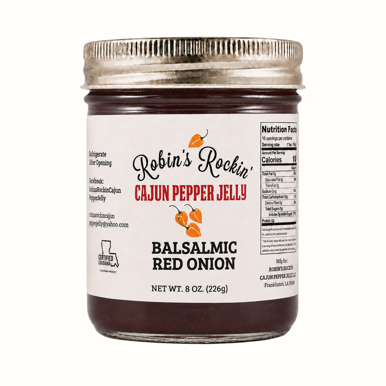 New Soul Robin's Rockin' Balsamic Red Onion pepper jelly in an 8oz glass jar with a metal lid.