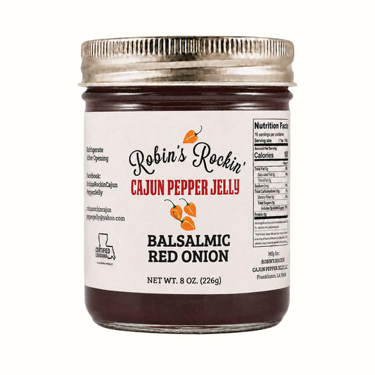 New Soul Robin's Rockin' Balsamic Red Onion pepper jelly in an 8oz glass jar with a metal lid.