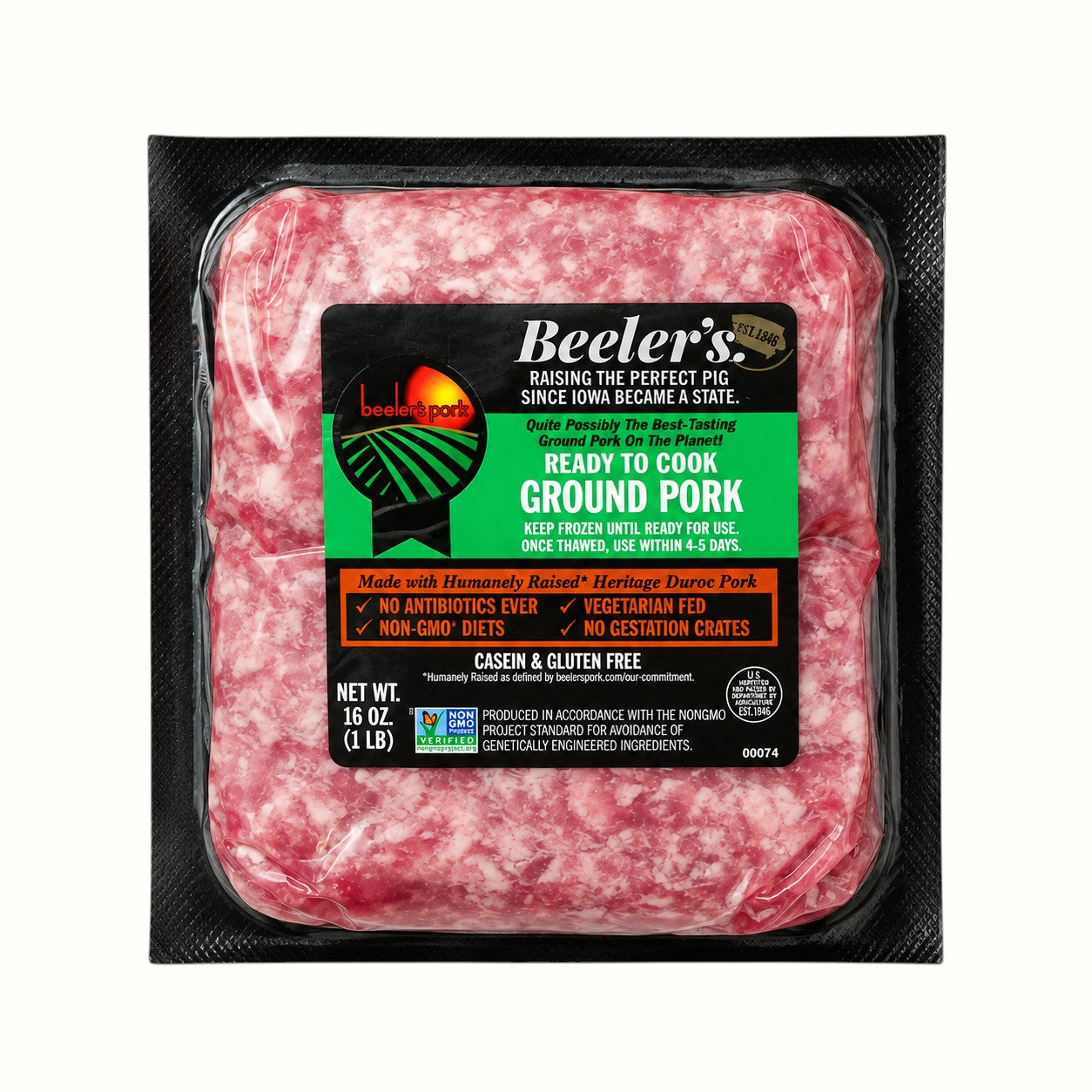 New Soul Beeler's Pure Pork all natural ground pork in a 16oz vacuum-sealed package with green and black label