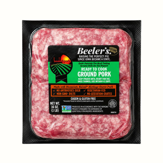 New Soul Beeler's Pure Pork all natural ground pork in a 16oz vacuum-sealed package with green and black label