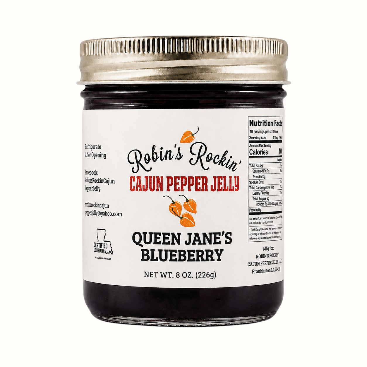 New Soul Queen Jane's blueberry habanero pepper jelly in an 8 oz glass jar with a metallic lid
