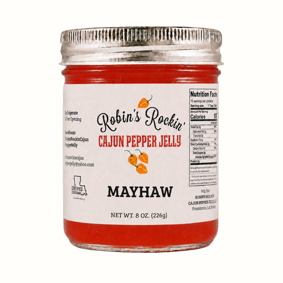 New Soul Robin's Rockin' Cajun mayhaw and habanero pepper jelly in an 8 oz glass jar with a white label.