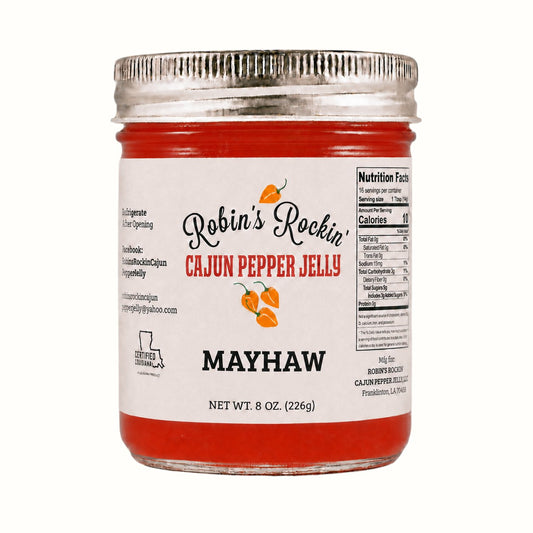 New Soul Robin's Rockin' Cajun mayhaw and habanero pepper jelly in an 8 oz glass jar with a white label.