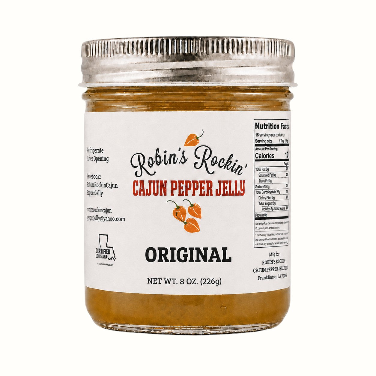 New Soul Robin's Rockin' Cajun Original Pepper Jelly in an 8 oz glass jar with habanero pepper illustrations