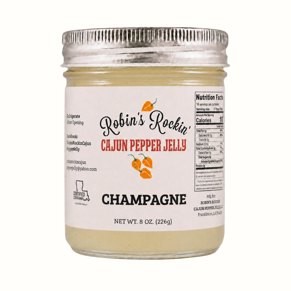 New Soul Robin's Rockin' champagne habanero pepper jelly in an 8 oz glass jar with a white label.