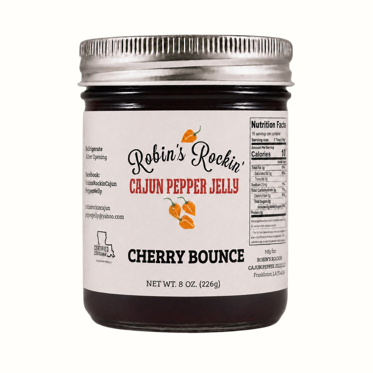 New Soul Robin's Rockin' Cherry Bounce Cajun pepper jelly in an 8 oz glass jar with a silver metal lid.