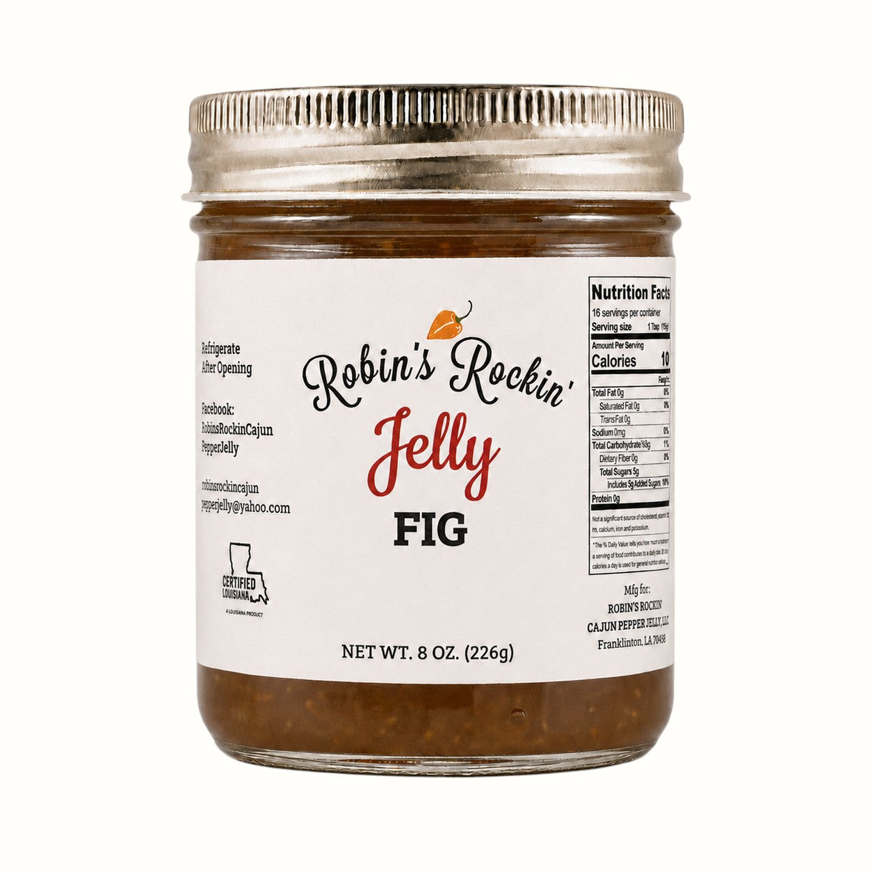 New Soul Robin's Rockin' Fig Breakfast Jelly in an 8 oz glass jar with a metal lid and nutrition label