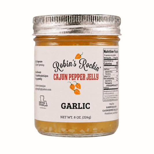 New Soul Robin's Rockin' garlic habanero Cajun pepper jelly in an 8 oz glass jar with a white label