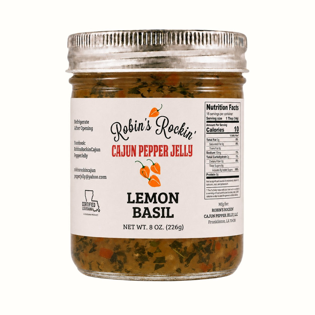 New Soul Robin's Rockin' lemon basil cajun pepper jelly in a glass jar with visible herbs and habanero pieces.