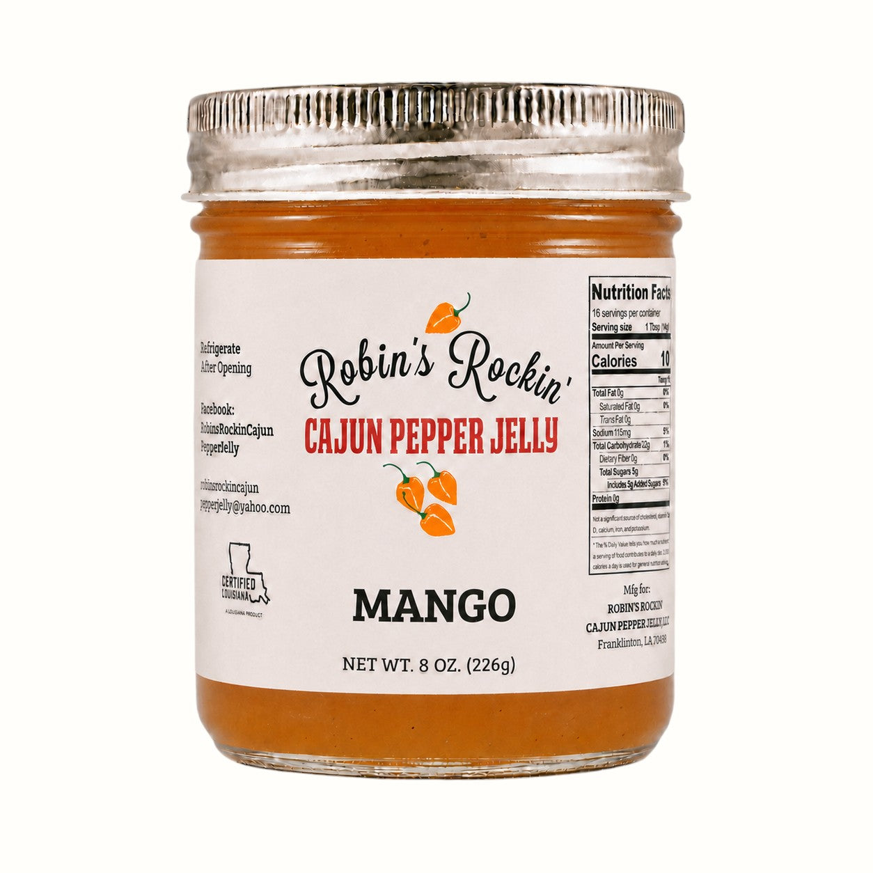 New Soul Robin's Rockin' mango habanero pepper jelly in an 8 oz glass jar with a white label and nutrition facts.