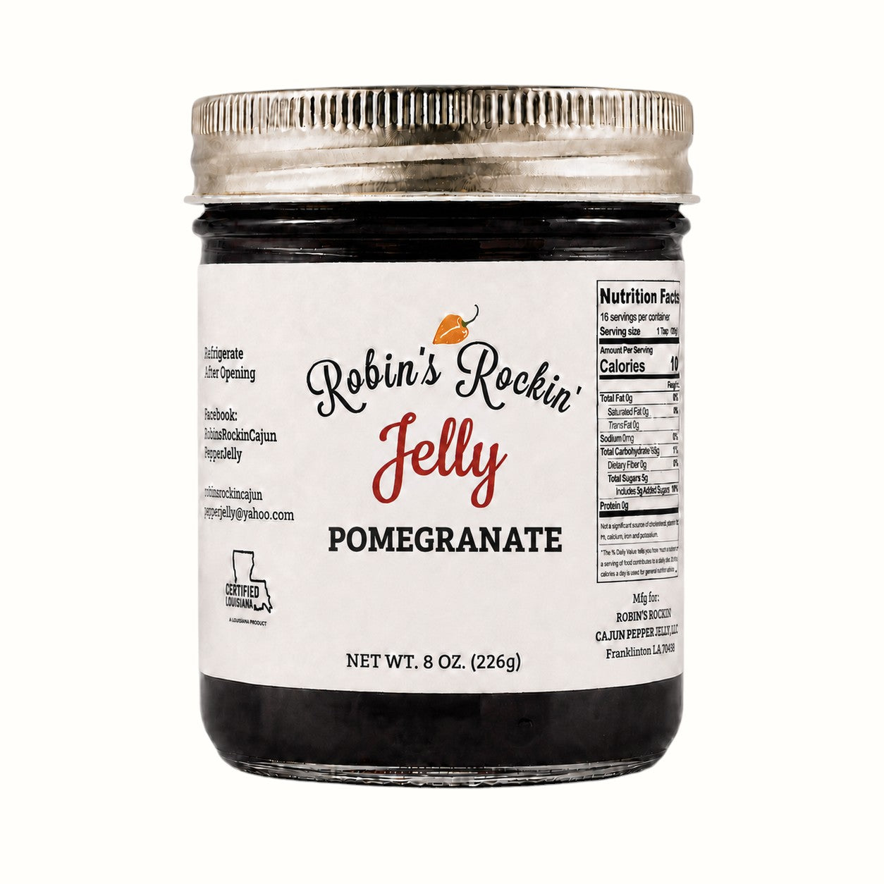 New Soul Robin's Rockin' pomegranate breakfast jelly in an 8 oz glass jar with a metallic lid.