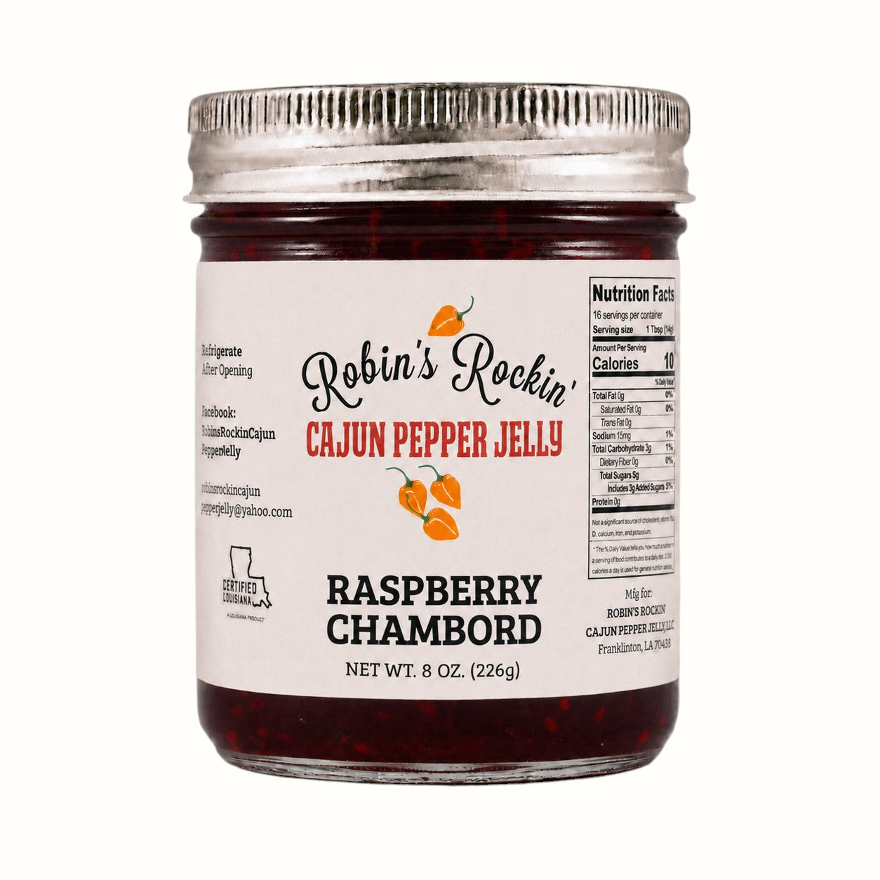 New Soul Robin's Rockin' Raspberry Chambord pepper jelly in a glass jar with a metal lid and white label.