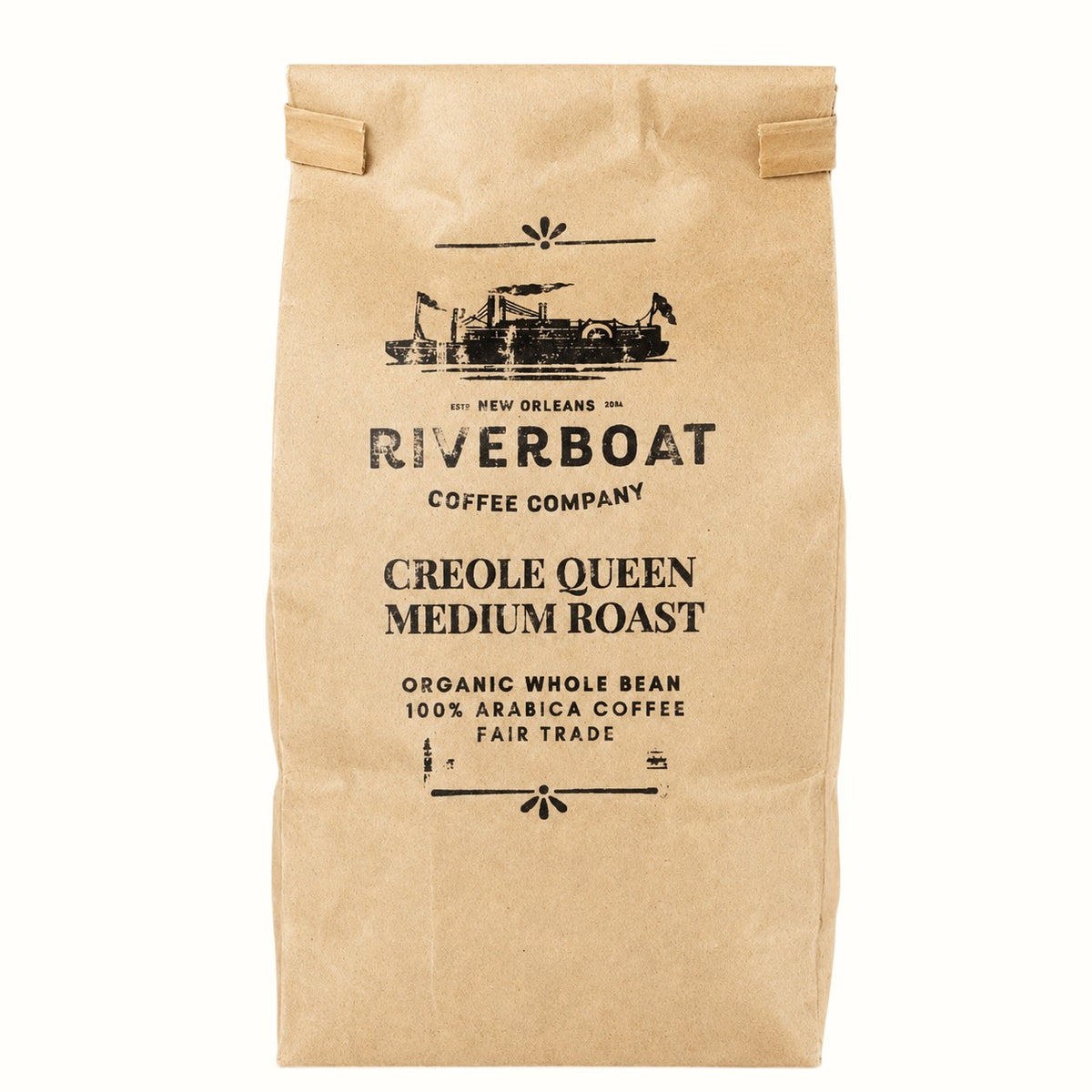 New Soul Riverboat Coffee Co. Creole Queen organic medium roast whole bean coffee in a kraft paper bag