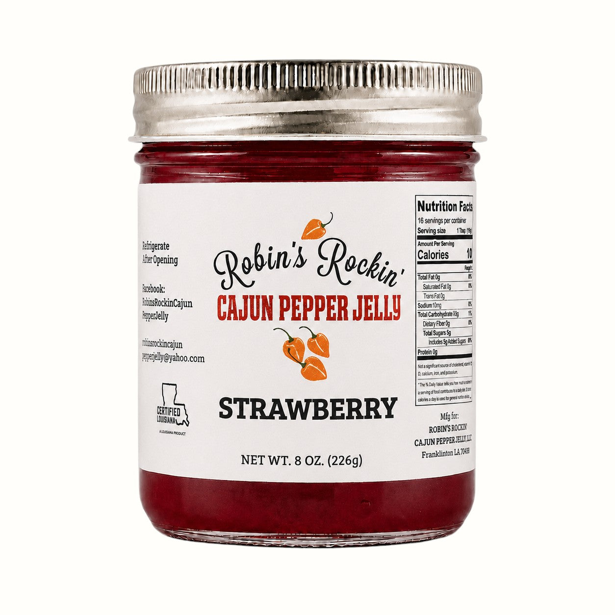 New Soul Robin's Rockin strawberry habanero pepper jelly in a glass jar with a metal lid on a neutral background.