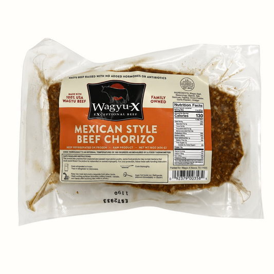 New Soul Wagyu-X Mexican style beef chorizo in a 1lb vacuum-sealed package with nutritional information label.